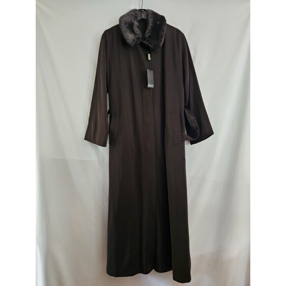 Hilary Radley Jackets & Blazers - Hilary Radley Womens 10 Brown Long Coat Faux Fur Collar Belted Zip Out Liner NWT